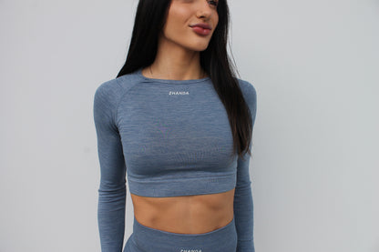 Zhanda Long Sleeve Cropped Tee - Blue Grey