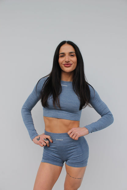 Zhanda Long Sleeve Cropped Tee - Blue Grey