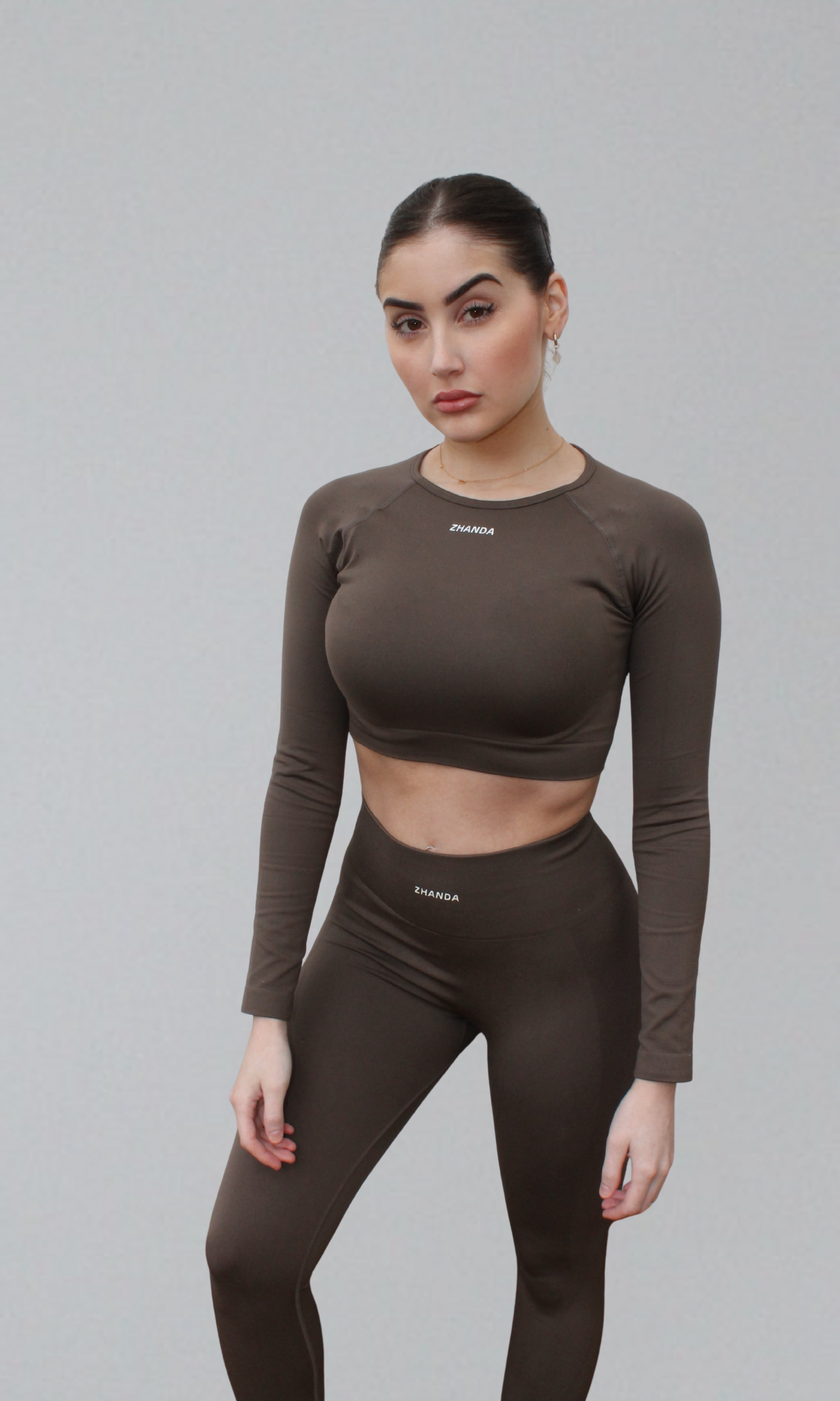 Zhanda Long Sleeve Cropped Tee - Mocha Brown