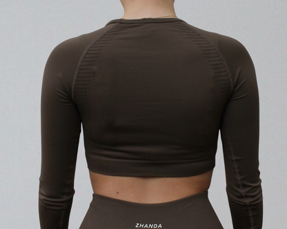 Zhanda Long Sleeve Cropped Tee - Mocha Brown